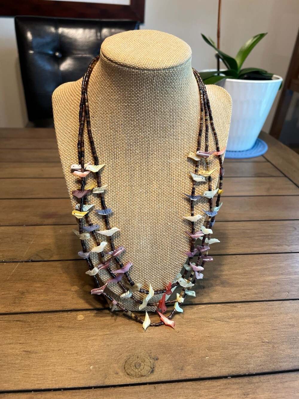 Vintage Zuni Authentic Three Strand Shell Fetish Bird Necklace with Heishi Beads